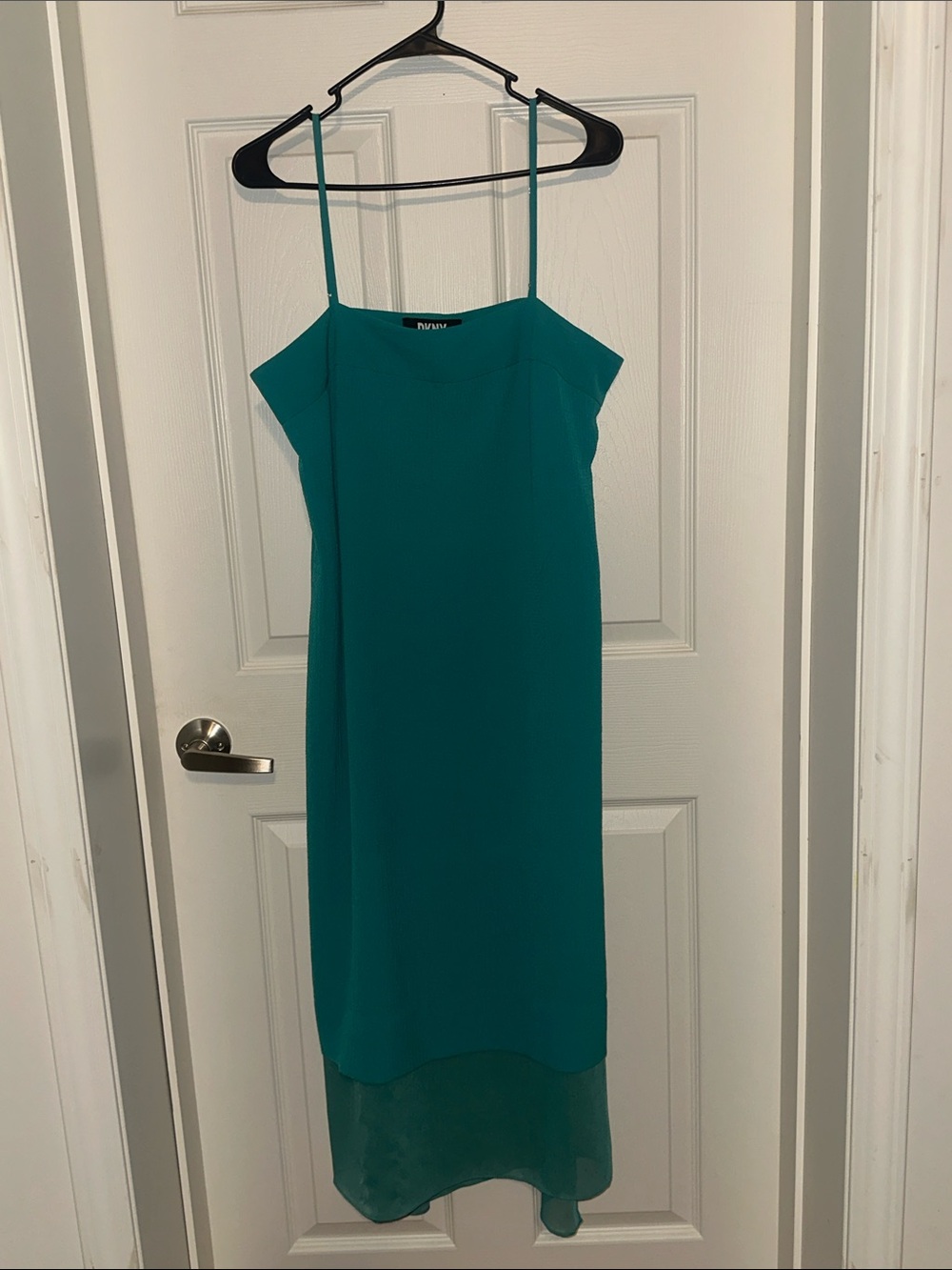DKNY Teal Spaghetti-Strap Layered-Hem Midi Dress Ptp 18 1/2